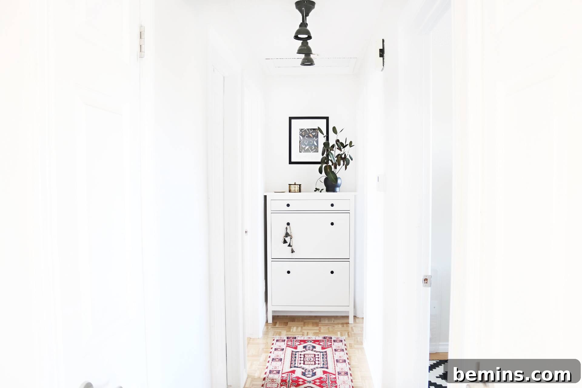 white wood storage cabinets with potted plant. White storage cabinets and a potted plant create a stylish and functional hallway.