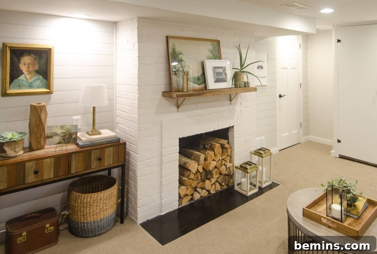 Decorations and logs in a fireplace in a white room.