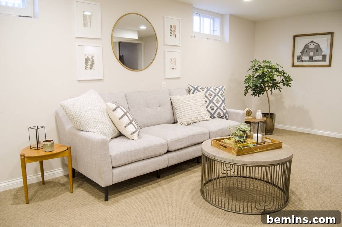 A living room with an off white couch, a couple of accent pillows, a side table next to it and a round coffee table in front of the couch.