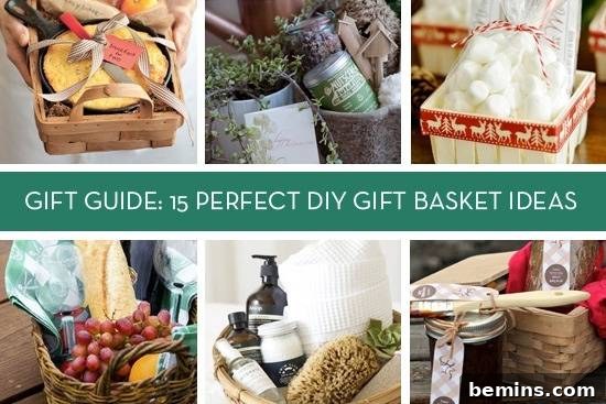 Holiday gifts including shower products, a bag of food and a basket of fruits