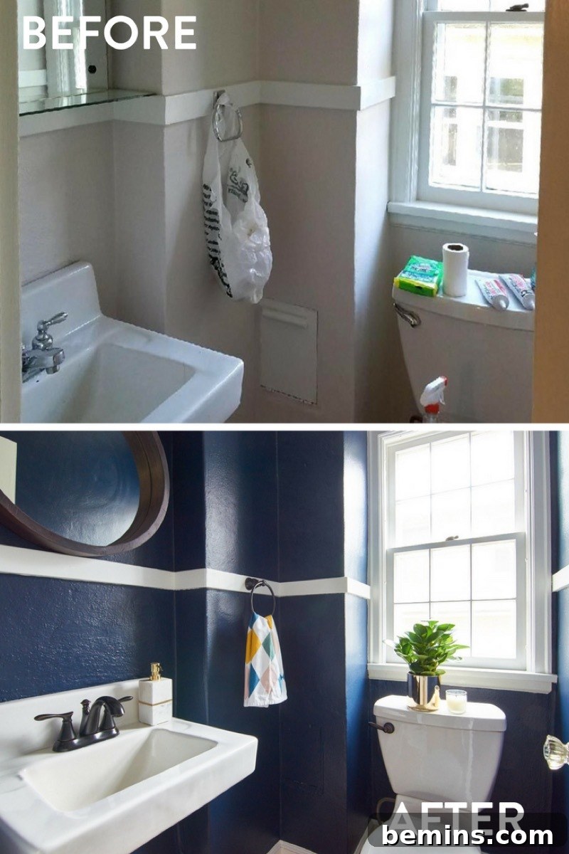 Dark, dramatic bathroom makeover using Sherwin-Williams Naval paint