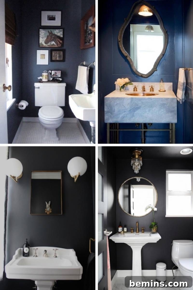 A collection of dark bathrooms.