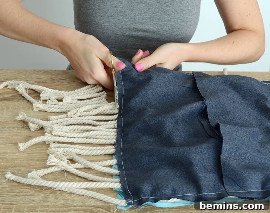 DIY Boho Macrame Throw Pillow - Trimming and Stuffing
