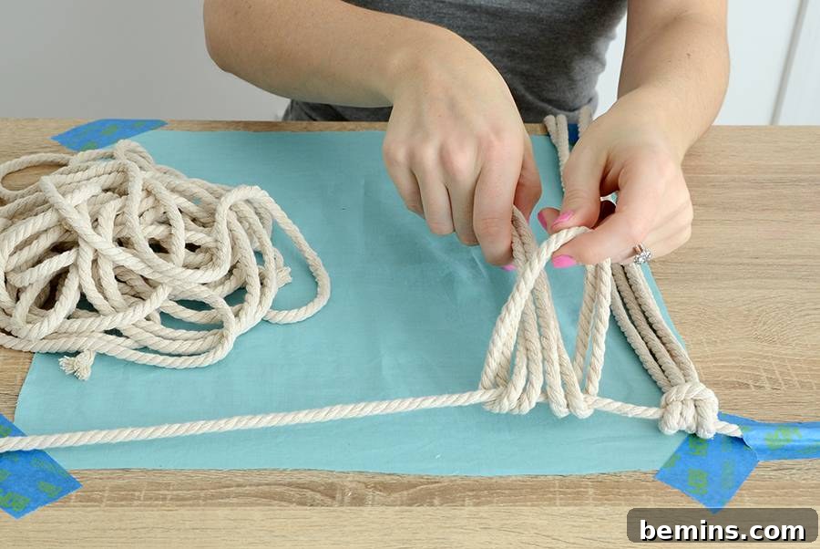 DIY Boho Macrame Throw Pillow - Taping Fabric