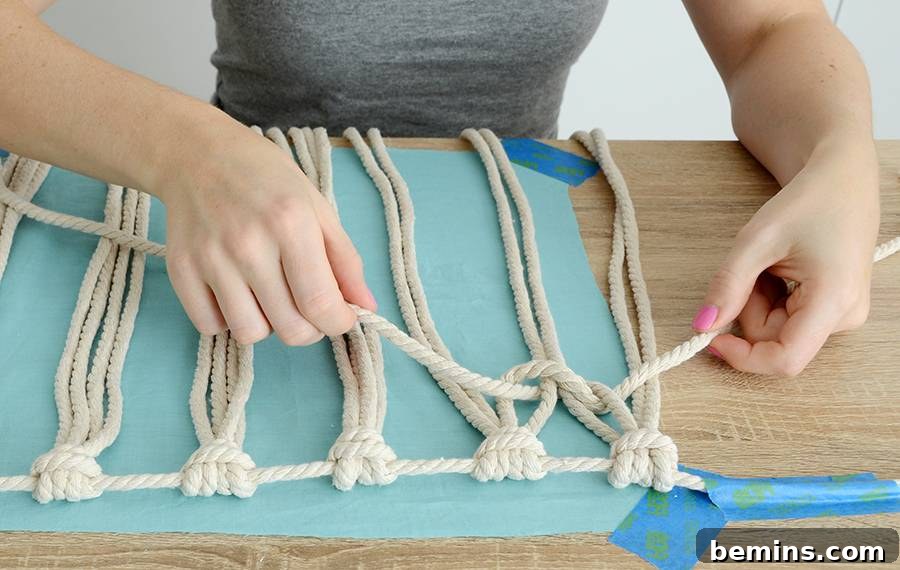 DIY Boho Macrame Throw Pillow - Starting Square Knot