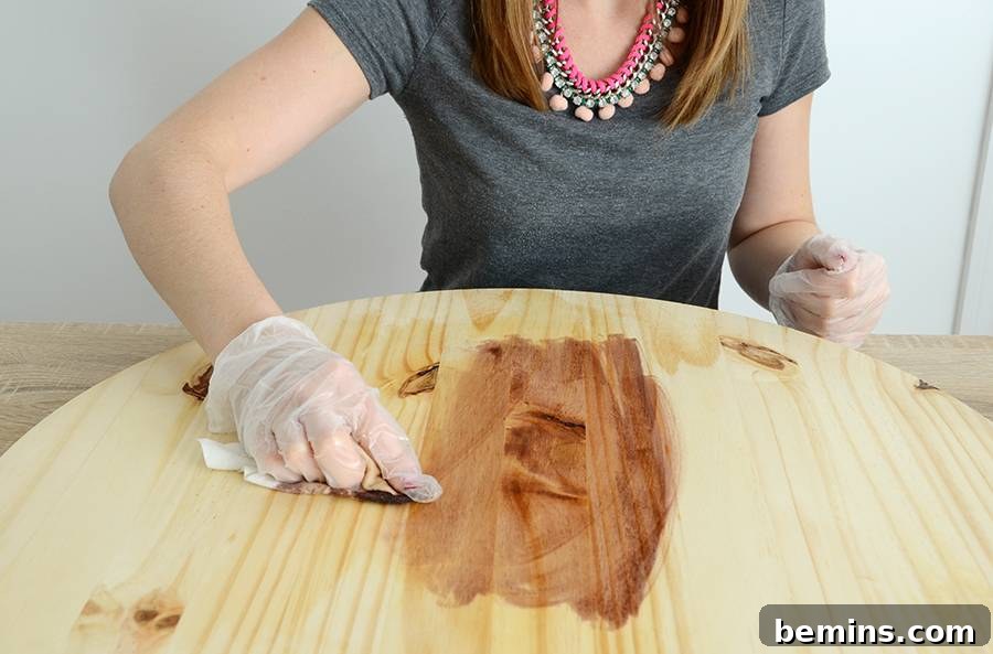 Staining the Pine Round for Your DIY Lazy Susan