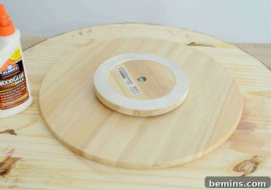 Assembling Your IKEA Hack Giant Lazy Susan: Gluing Snudda to Pine Round
