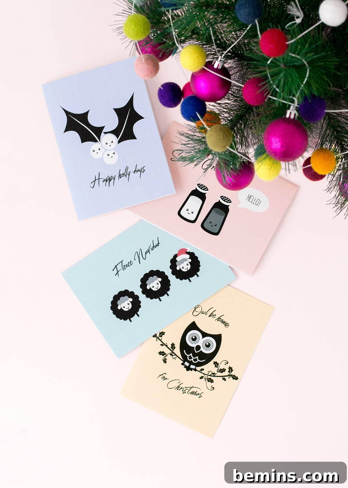 A stack of finished punny Christmas cards ready to be sent.