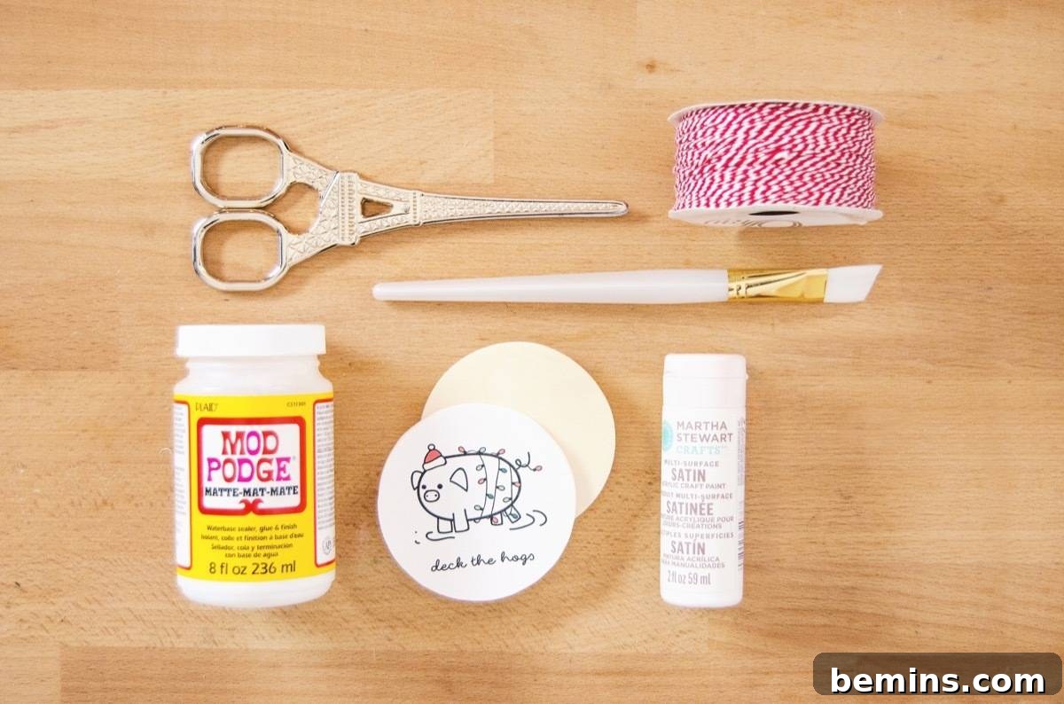 Materials needed to make punny Christmas tree ornaments