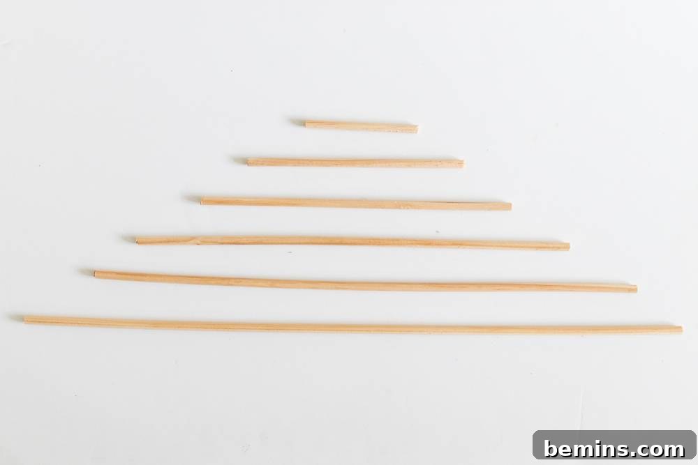 Six different sized pieces of yarn from shortest to longest.