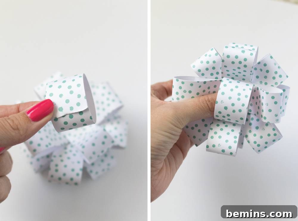 Gluing White Paper with Teal Polka Dots to Make Looped Bows