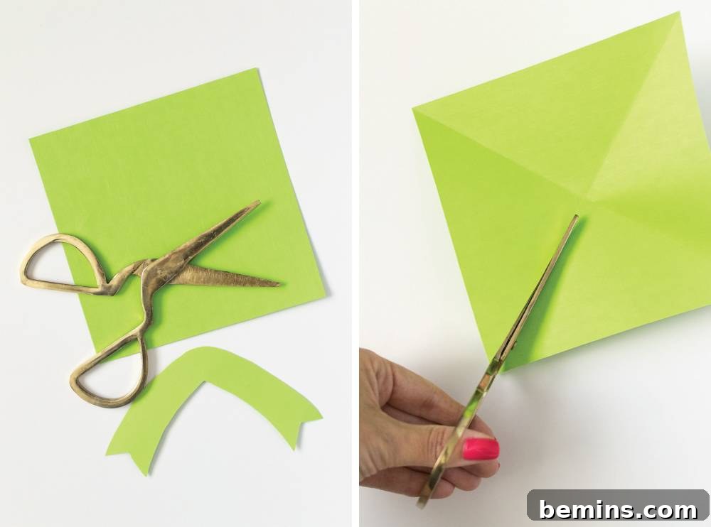 Cutting Green Paper for Diamond Fold Bow