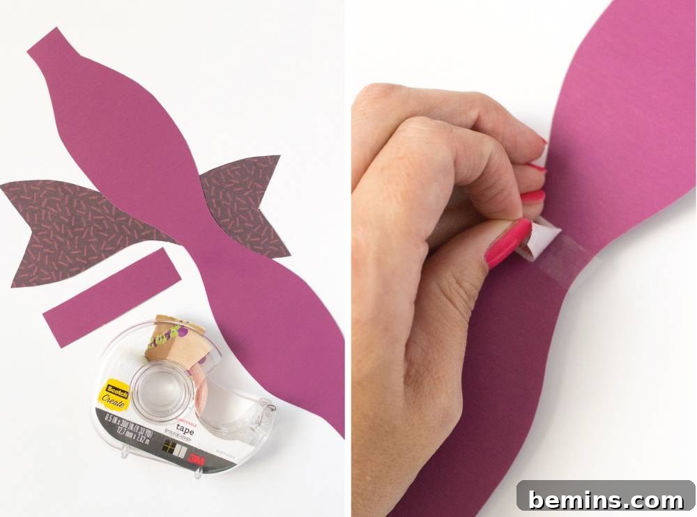 Peeling Tape off Purple Patterned Paper for Layered Bow