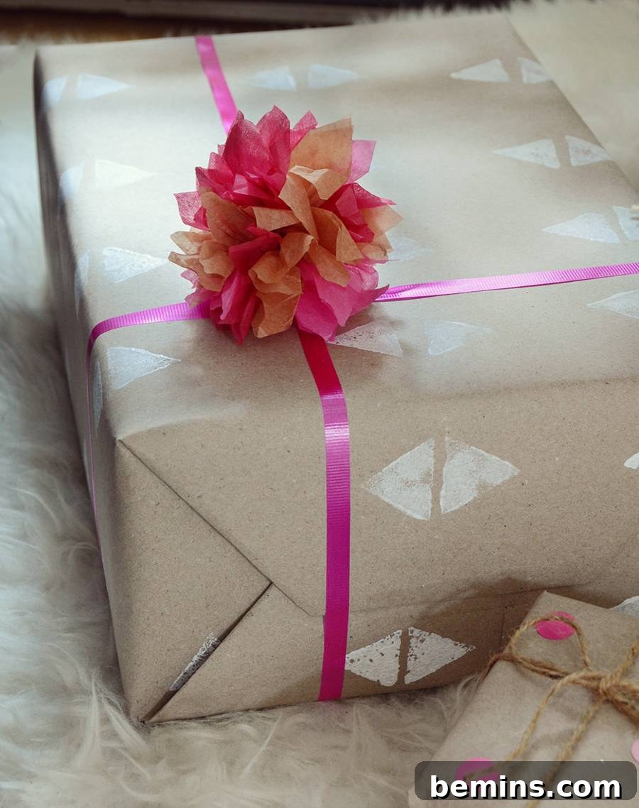 Stamped Kraft Paper Gift with Pom Pom Accent