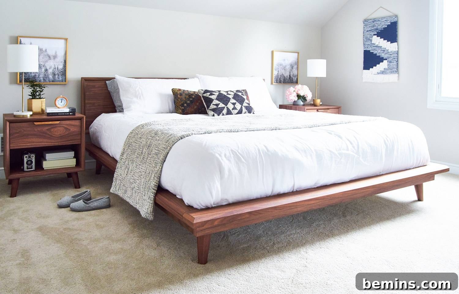A minimalist bedroom with a comfortable bed and stylish side table, showcasing a clean and inviting space.