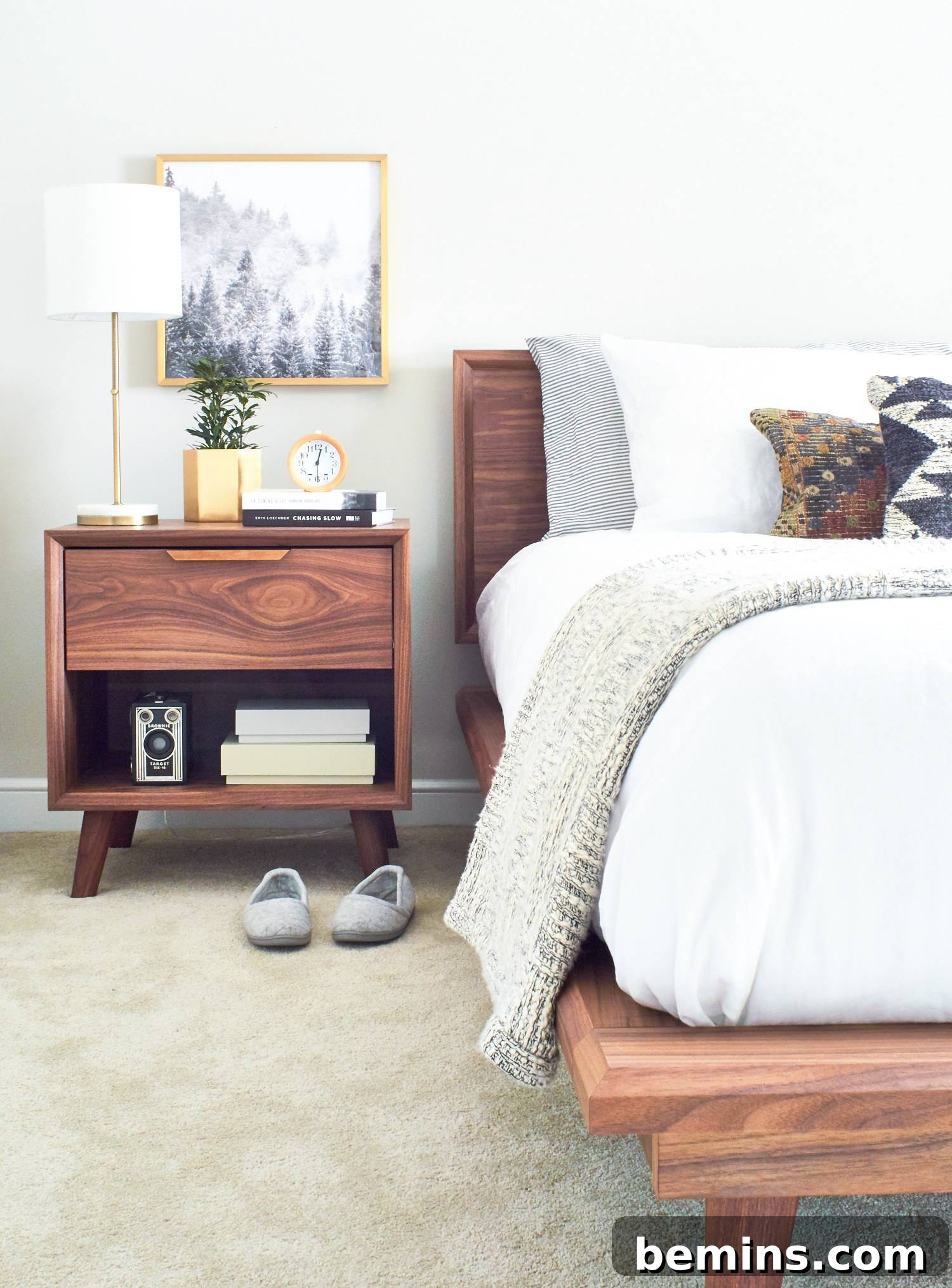 A beautifully crafted wood end table paired with a matching wooden platform bed creates a cohesive and stylish bedroom set.