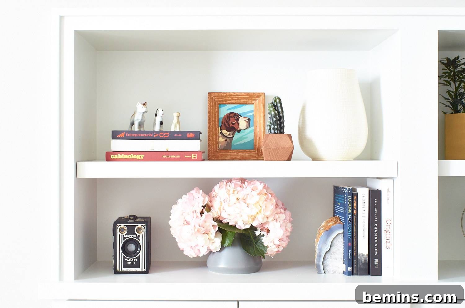 A stylishly arranged shelf displaying various decorative items, adding personality and charm to the room.