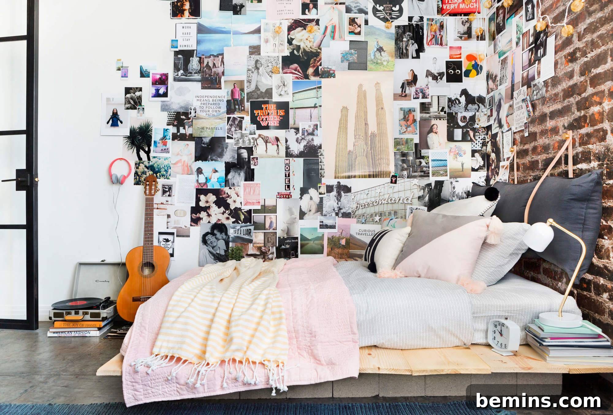 Creating a Haven: Elevate Your Bed to Ultimate Comfort 8 A bedroom with a brick wall and many images adorned on the wall, showcasing a personalized and stylish space.