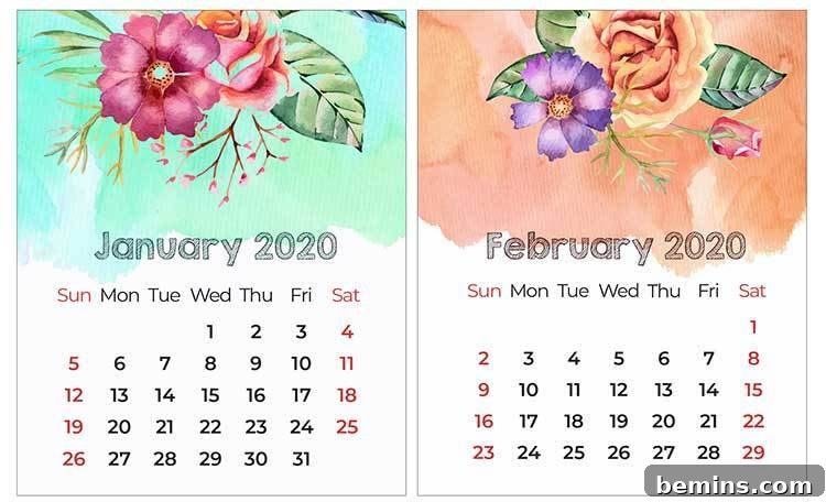 Stunning Free Printable Calendars to Organize Your 2020 8 Bright saturated printable calendar template
