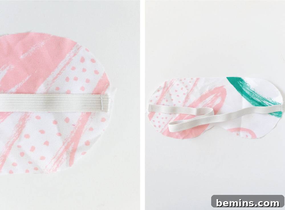 A finished sleep mask showing the elastic band attached.