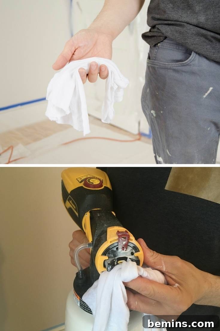 Using a Paint Sprayer Inside: Tips and Creative Ideas 4 Paint Spraying Tip: Keep a Damp Cloth with You to Wipe the Tip of the Sprayer