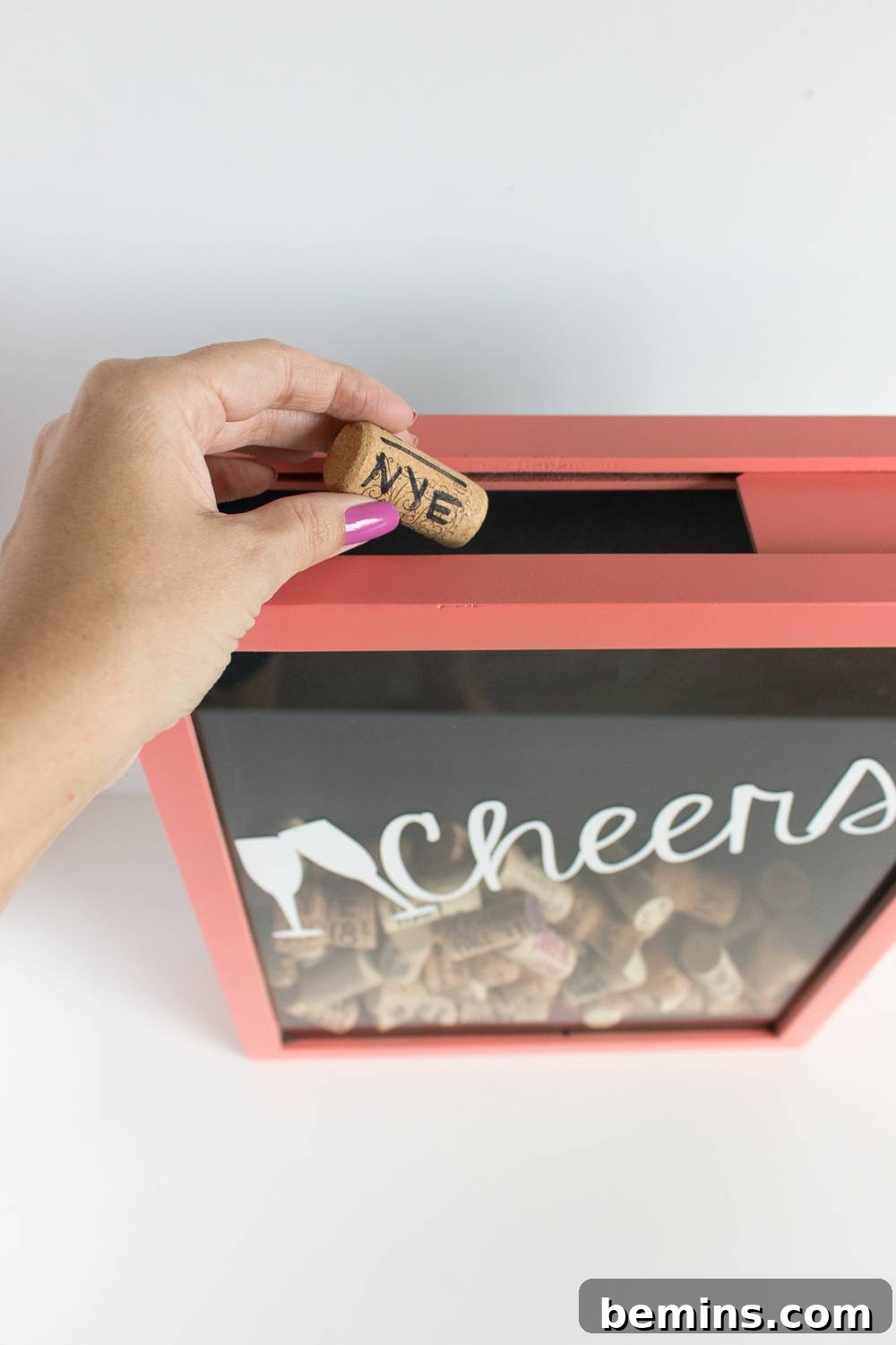 A fully assembled DIY cork memory box filled with corks.