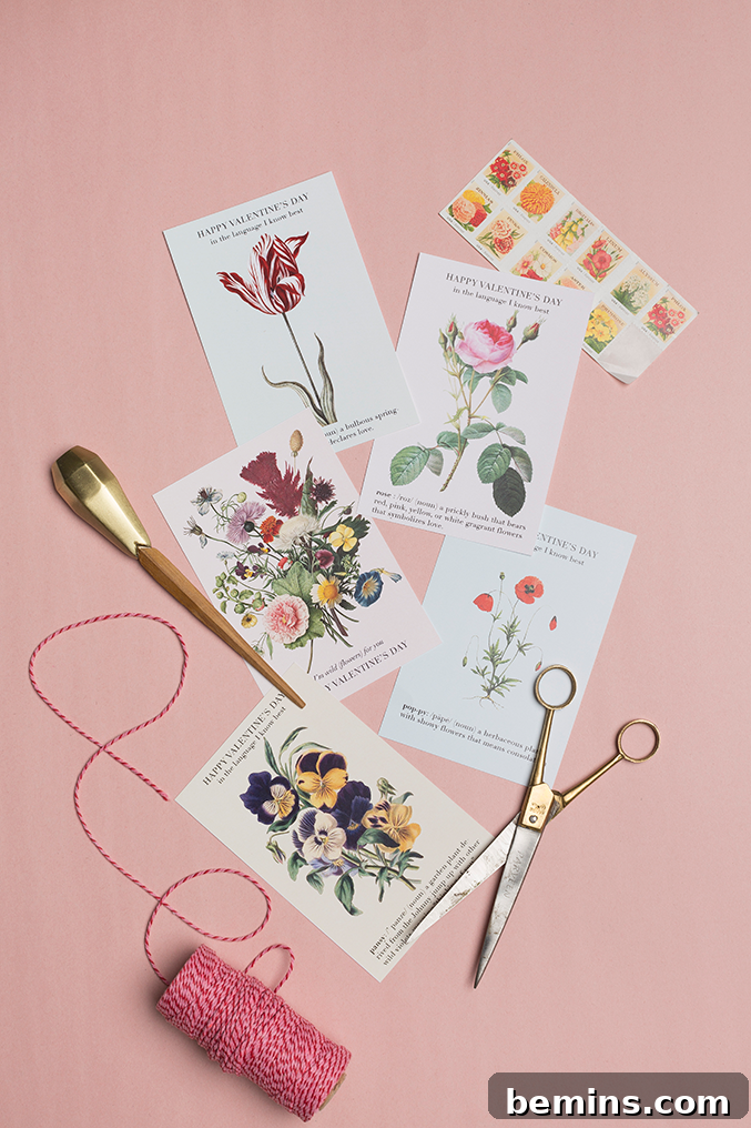 Beyond the Box: 25 Heartfelt Valentines Your Loved One Will Cherish 24 A selection of colorful floral images on a pink surface with scissors, a brush and pink yarn nearby.