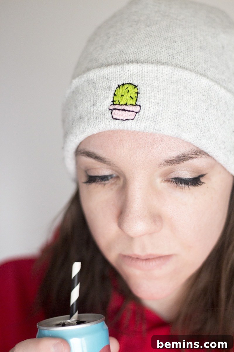 Embroidered beanie cap with a cute cactus design