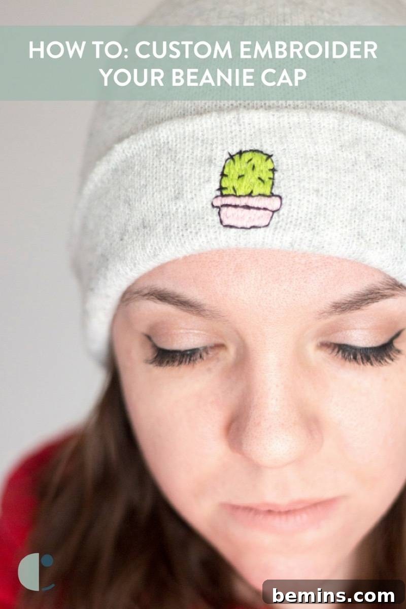 Close-up of the finished embroidered beanie design