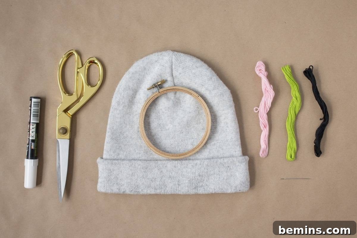 Materials needed for embroidering a beanie