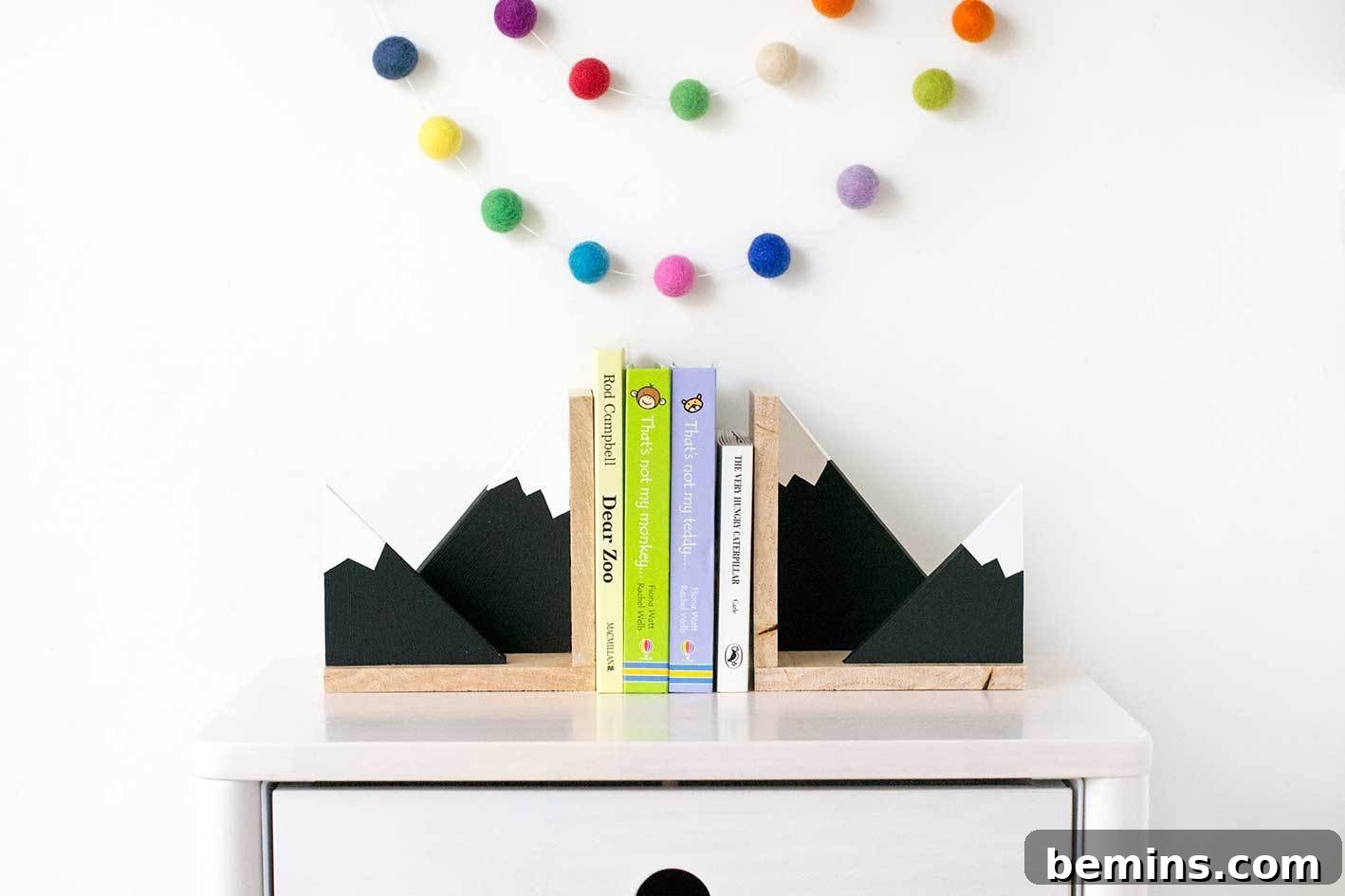 Finished DIY mountain bookends in a nursery