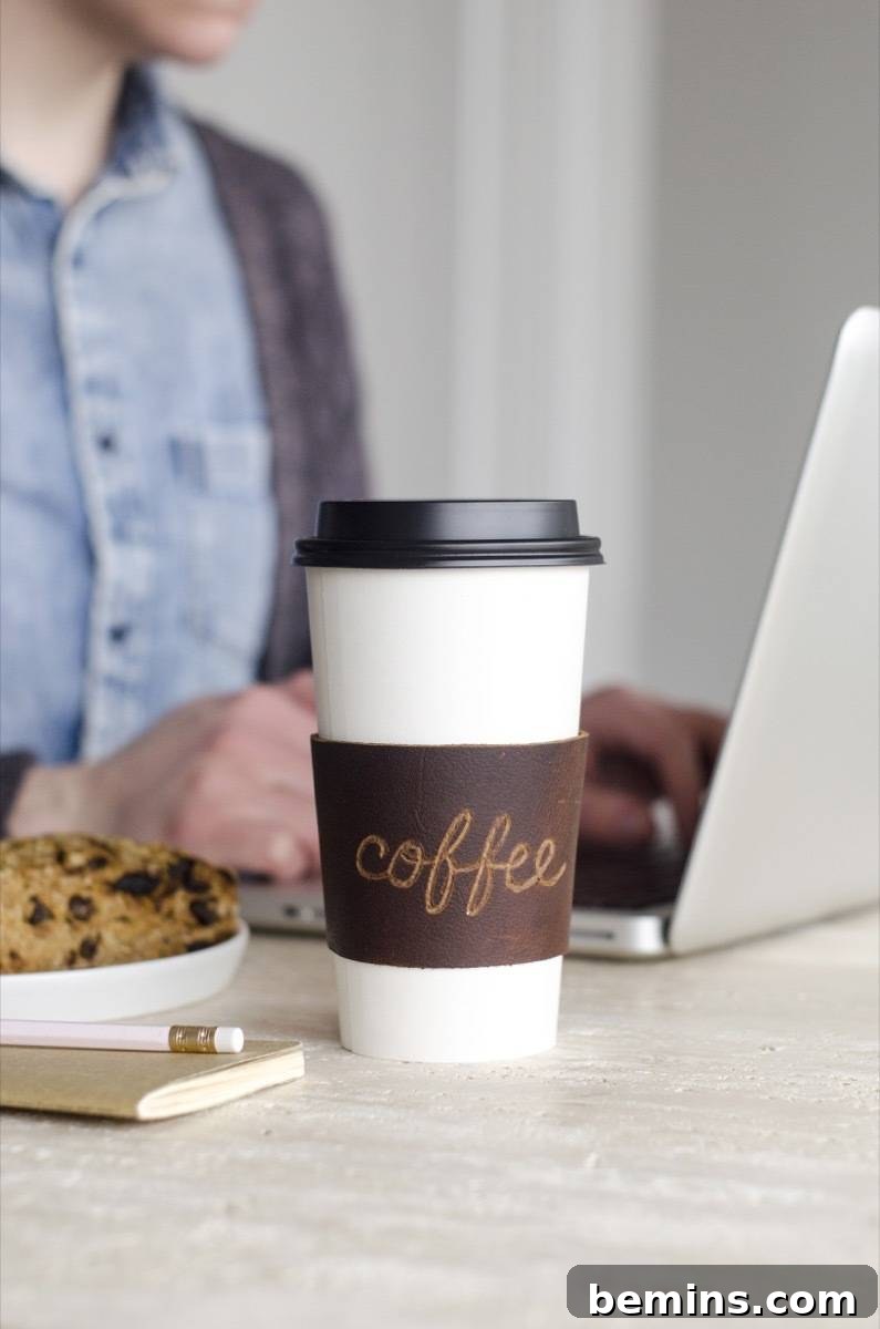 DIY Personalized leather coffee cup sleeve finished product