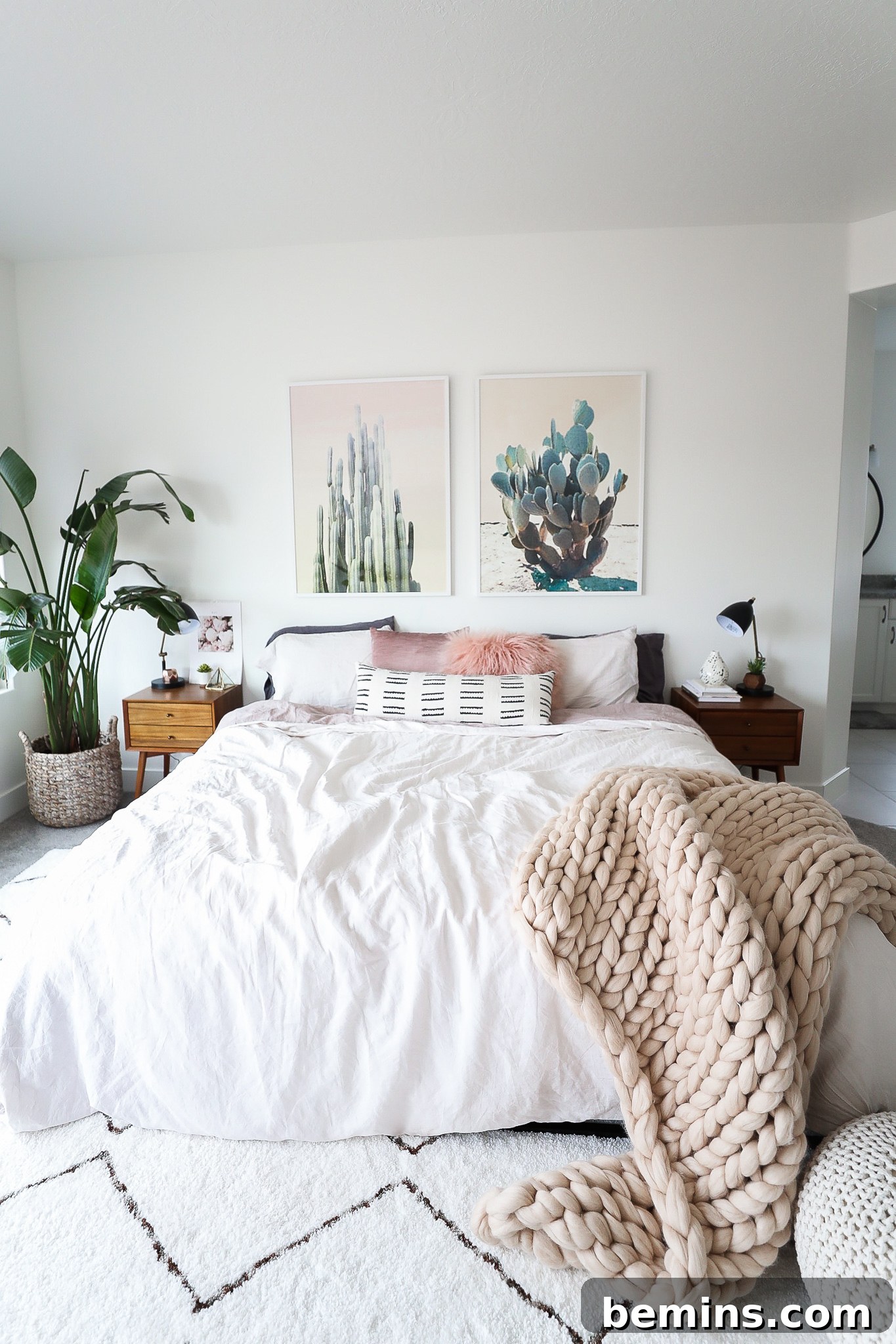 Bohemian bedroom with warm lighting and natural textures.