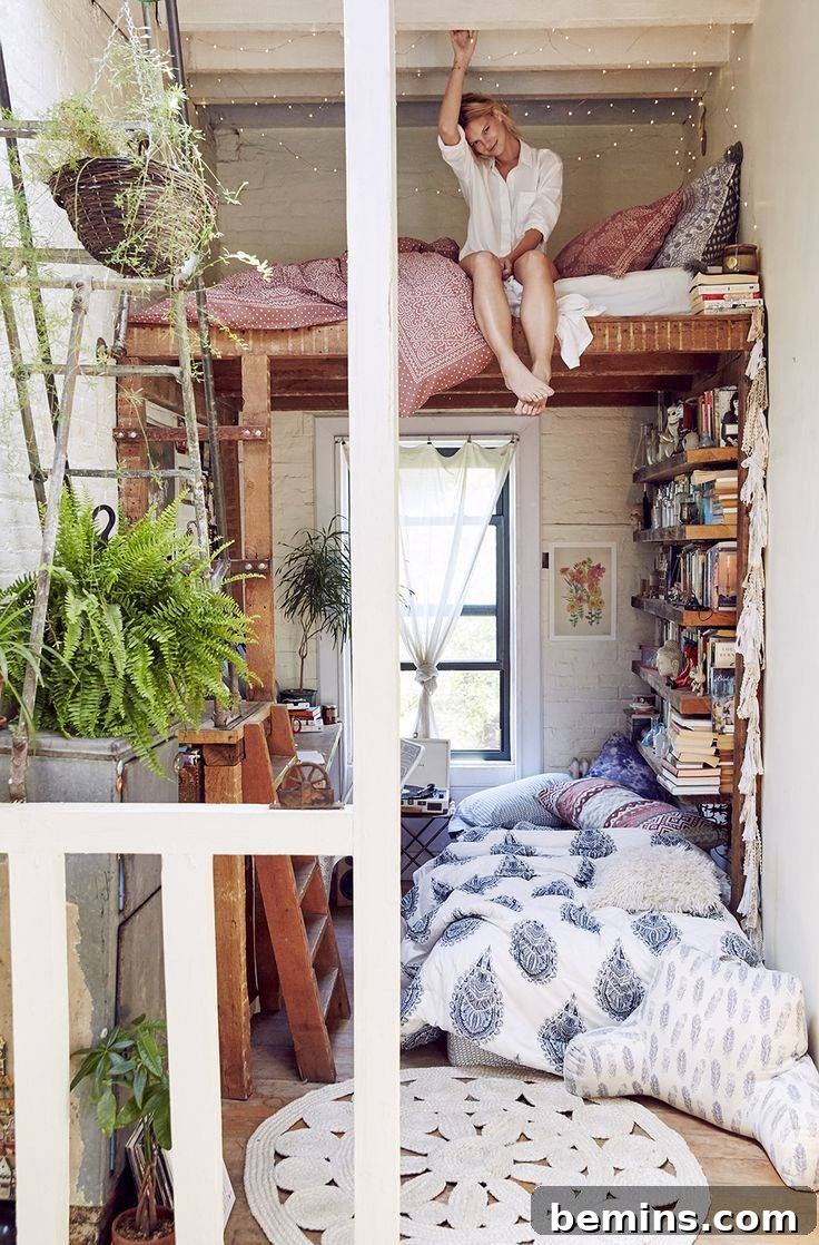 Eclectic bohemian bedroom filled with texture, pattern, and plants.