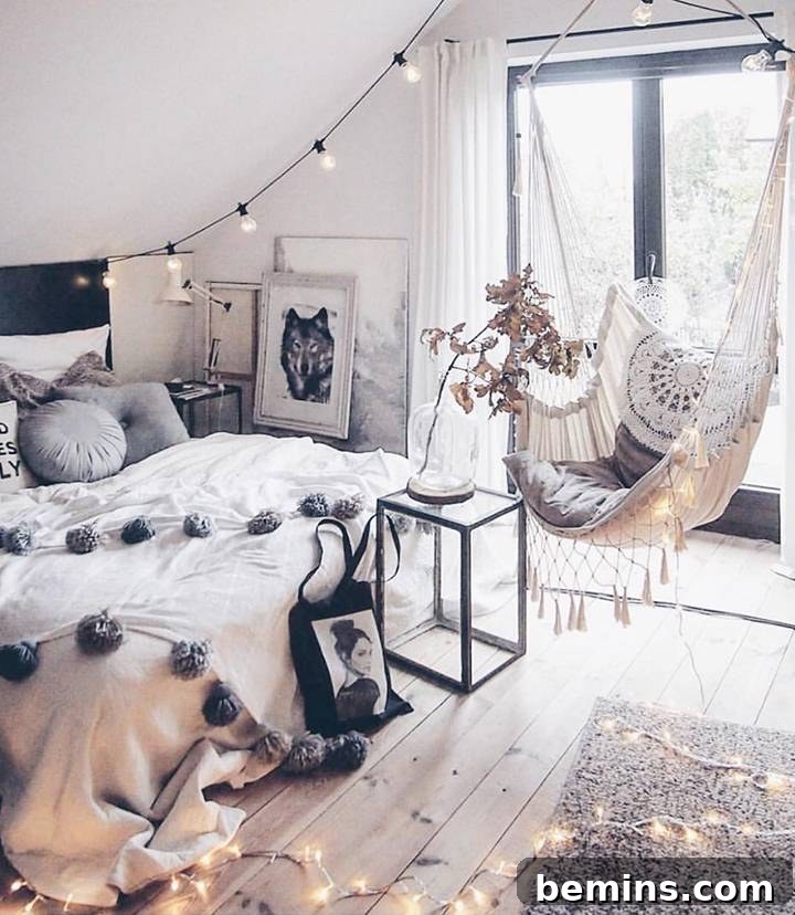 Magical bohemian bedroom with string lights and a swing.
