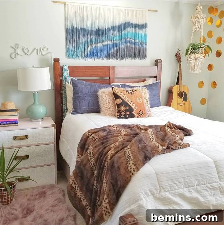 Colorful bohemian bedroom with textured textiles.
