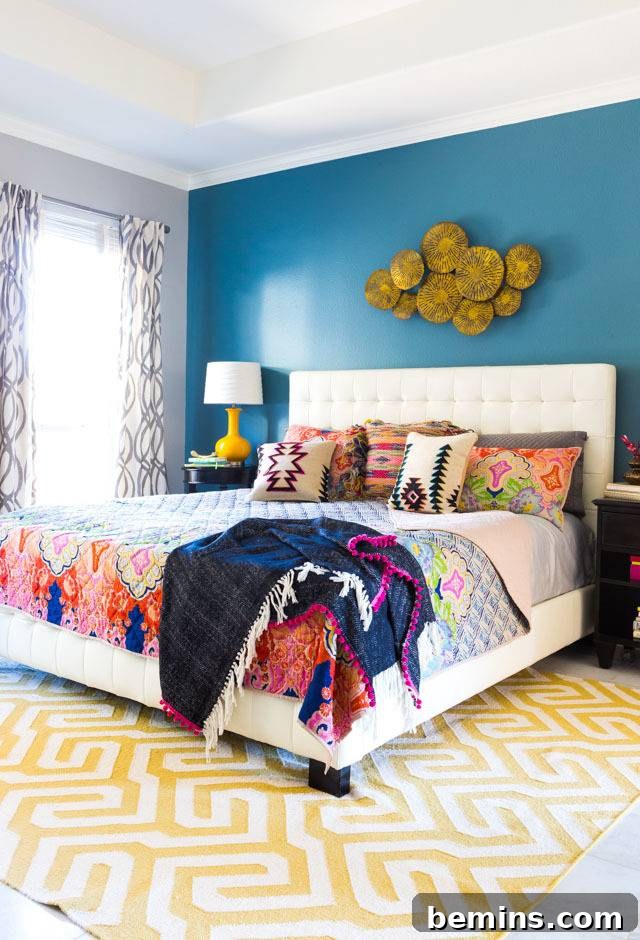 Vibrant bohemian bedroom with colorful accents.