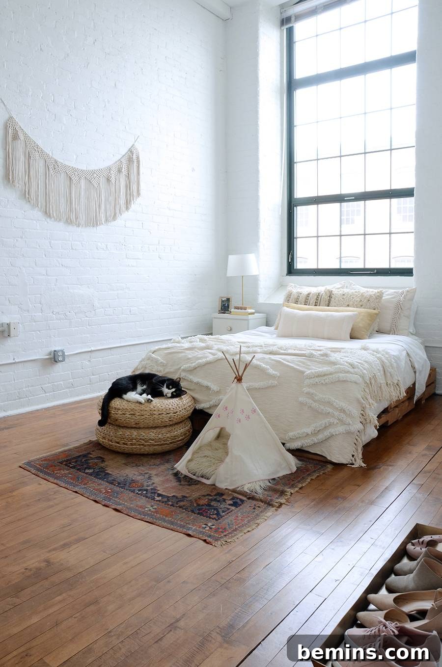 White bohemian loft with various textures.