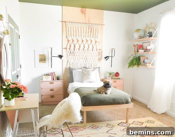 Bohemian bedroom with a macrame wall hanging and wooden elements.
