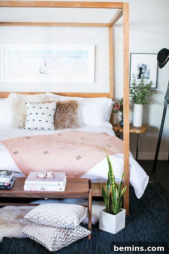 Calming bohemian bedroom with layered textures and plants.