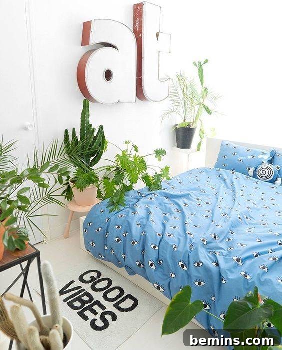Bohemian bedroom with an all-seeing eye icon.