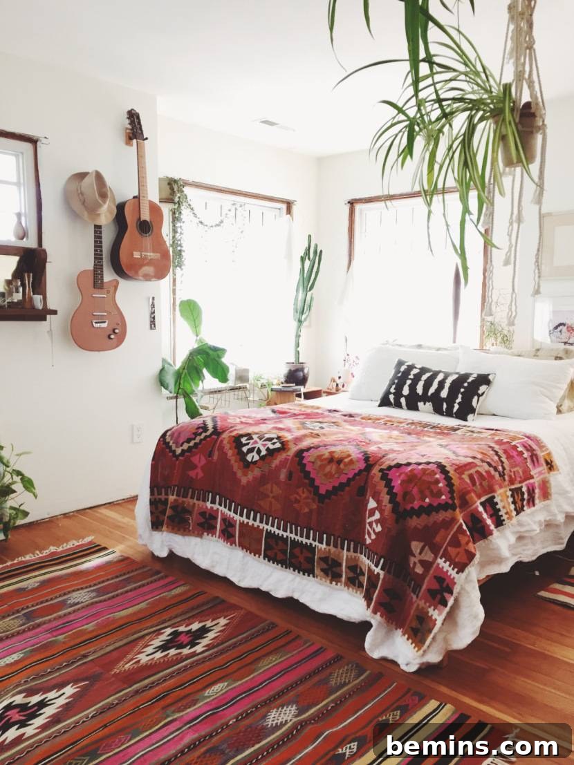 Warm and inviting bohemian bedroom with Southwestern style prints.