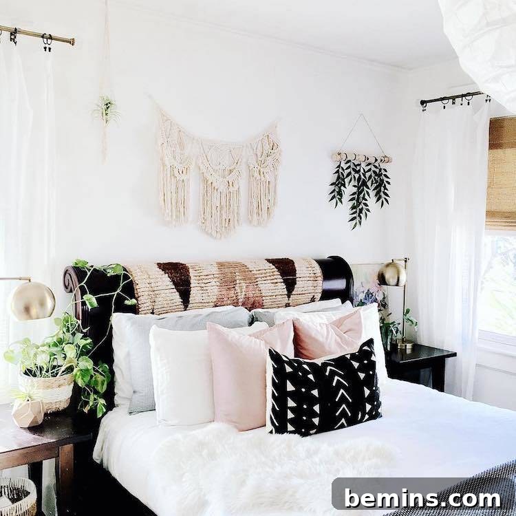 Bohemian bedroom with a macrame wall hanging.