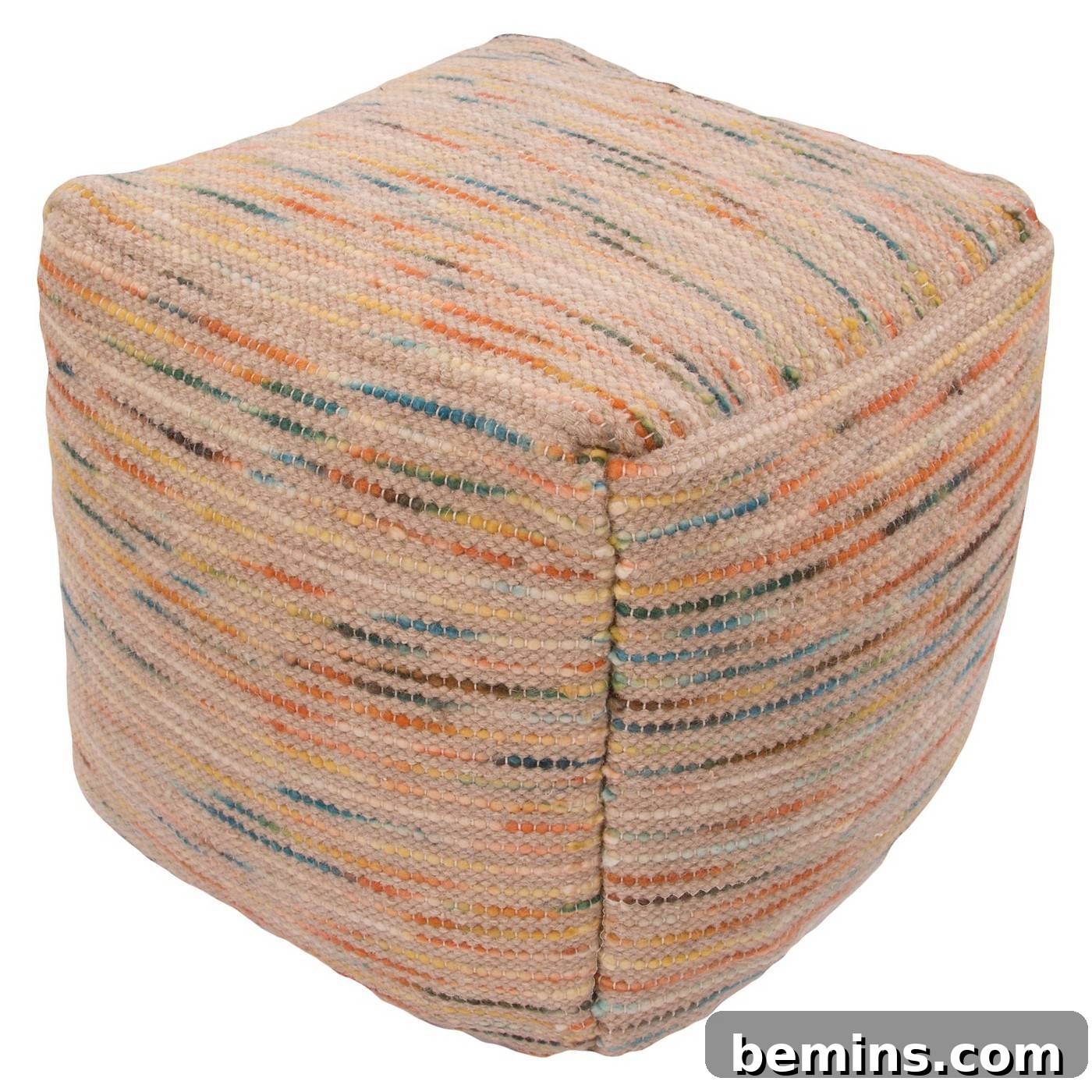 Multicolor square pouf to complement various color schemes.