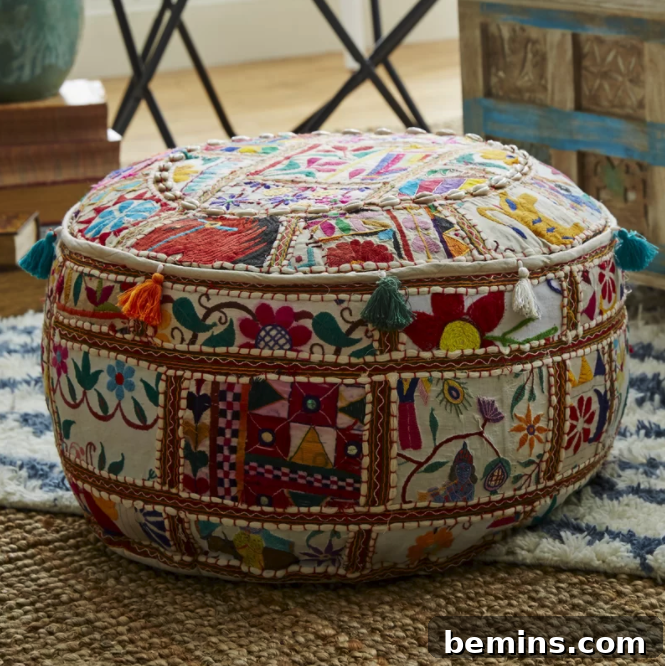 Pouf combining color, patterns, and textures.