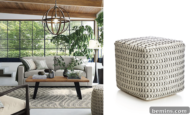 Handwoven pouf in a simple color palette near a white sofa.