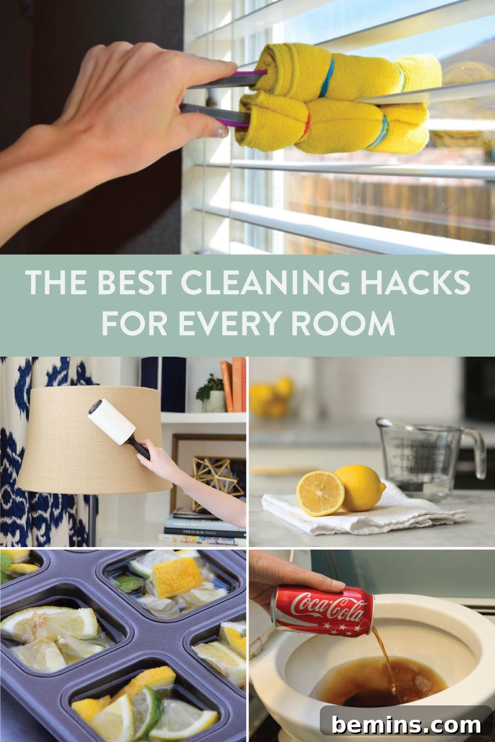 Various home cleaning hacks displayed.