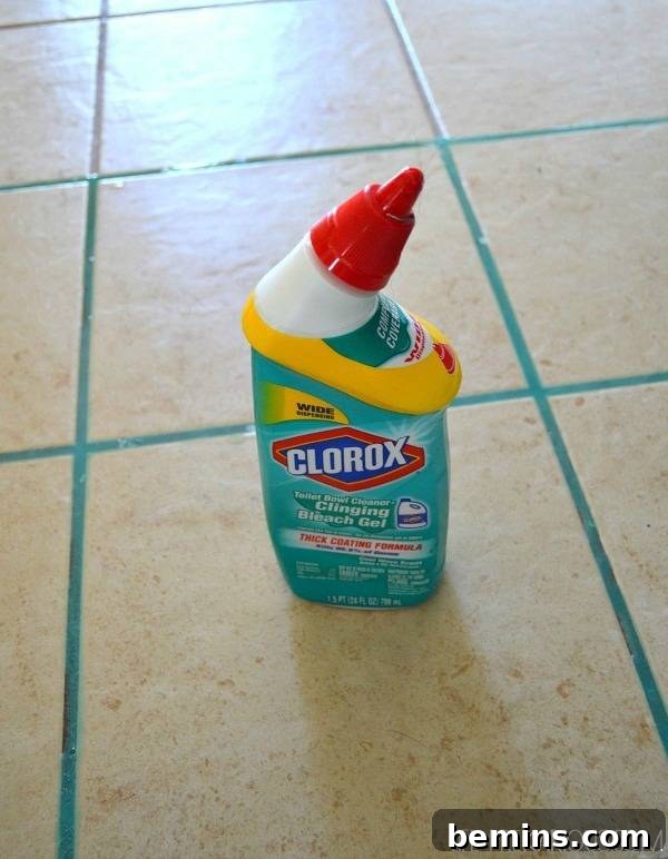 Ultimate Home Cleaning Guide: Room-by-Room Secrets 12 Gel bleach cleaner on tiled floor.