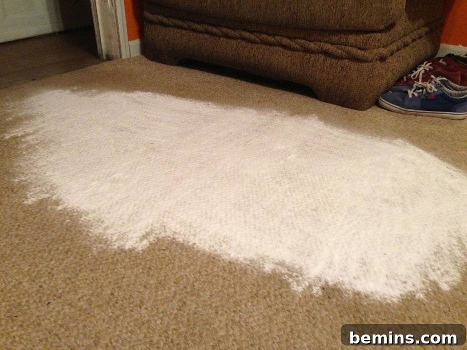 Ultimate Home Cleaning Guide: Room-by-Room Secrets 7 Carpet stain being treated with baking soda and vinegar.