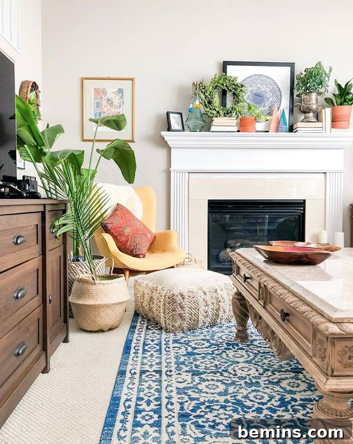 Vibrant and colorful bohemian living room with bold patterns, diverse textiles, and a playful atmosphere from Casa Watkins Blog.